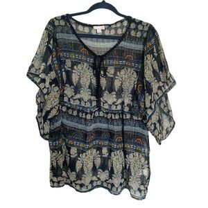 Westport 1962 Womens Size 1X Top Blouse Sheer flowy boho peasant V Neck Blue